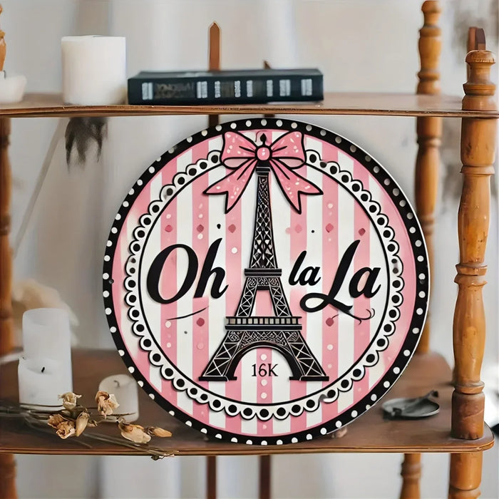 Eiffel Tower Metal Sign 8X8 Inch Round Pink & Black Stripes Festive Bow