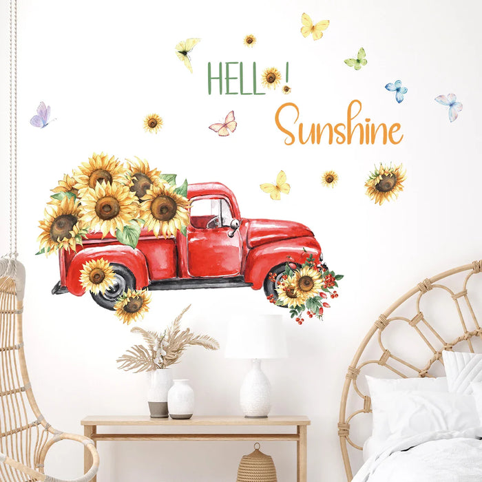 Watercolour Pickup Truck Sunflower Wall Stickers Removable Pvc Living Room Decor
