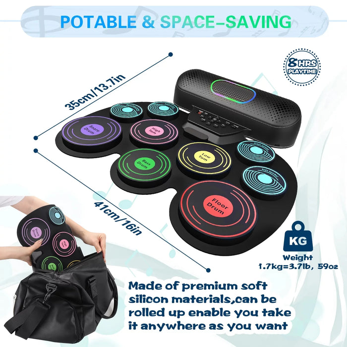 Portable Electronic Drum Set For Kids & Adults 9 Pads Dual Speakers Headset Jack Drumsticks Foot Pedals