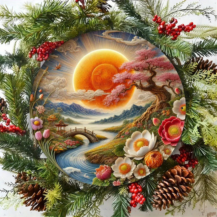 8X8 Inch Round Metal Wall Art Spring Floral & Landscape Weather-Resistant Hd Print Easy Hang Home Garden Cafe Bar