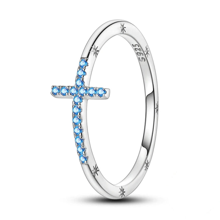 925 Sterling Silver Sea Blue Cross Ring Fashionable & Elegant For Women Parties Weddings & Anniversaries