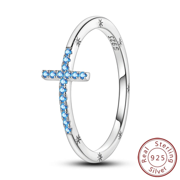 925 Sterling Silver Sea Blue Cross Ring Fashionable & Elegant For Women Parties Weddings & Anniversaries