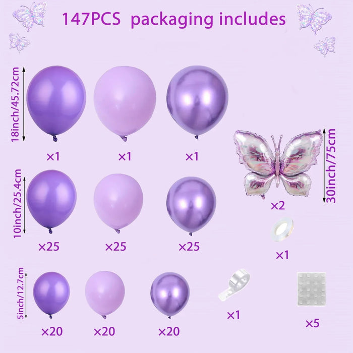 147Pcs Purple Lavender Butterfly Balloon Arch Kit With Purple Butterfly Foil Balloons For Birthdays Weddings Anniversaries