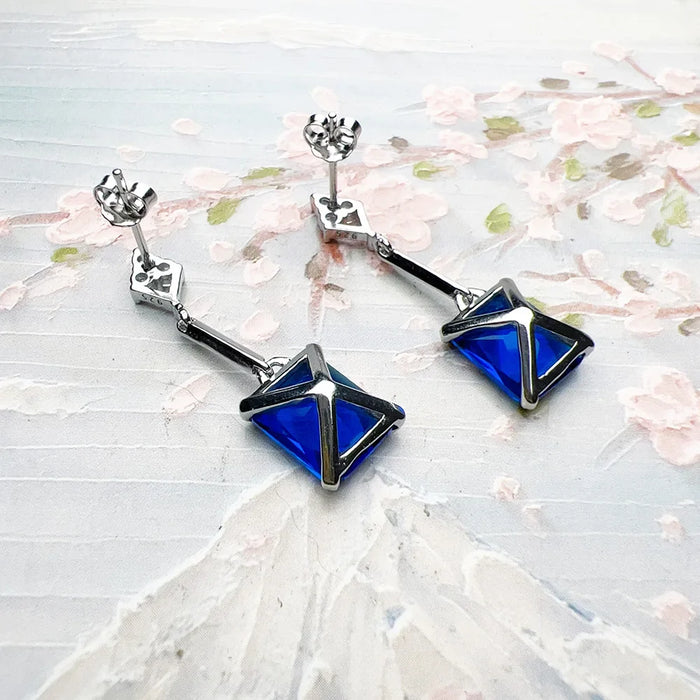 925 Sterling Silver Dangle Earrings With Sapphire Blue Stones Elegant For Women