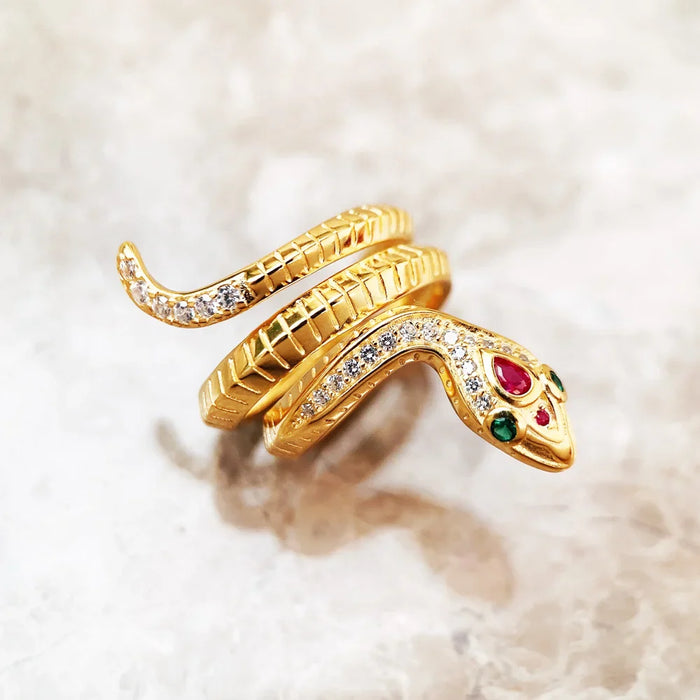 925 Sterling Silver Boho Golden Snake Ring Fine Jewelry For Women