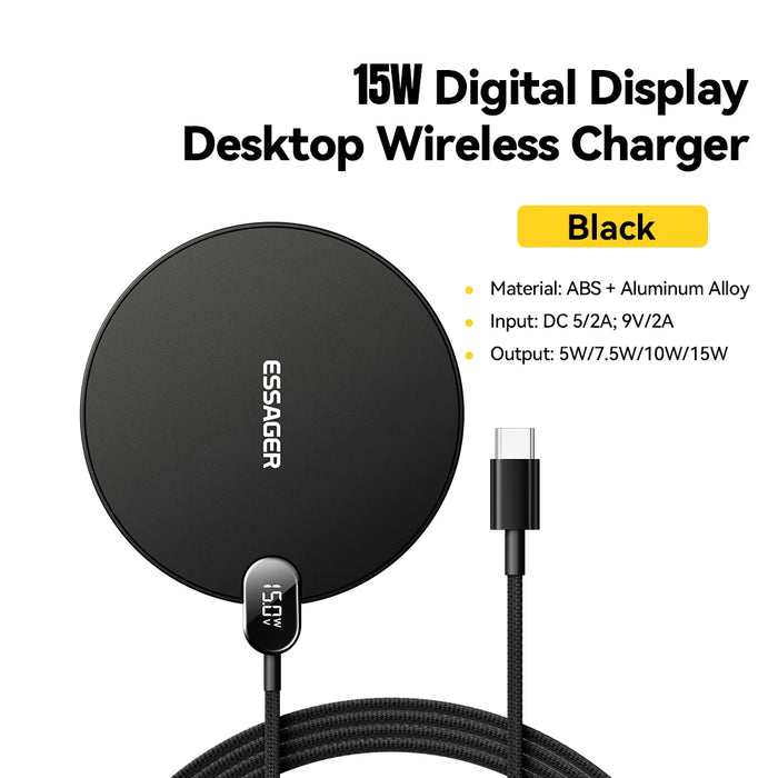 15W Wireless Charger Led Digital Display Fast Wireless Charging Pad For Iphone 16 15 14 Pro Max Samsung 23 Xiaomi Huawei