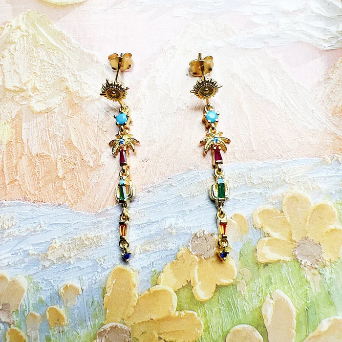 925 Sterling Silver Boho Sun Palm Tree Earrings Colourful Drop Jewelry For Women