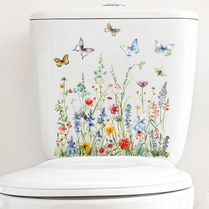 Watercolour Flower Butterfly Toilet Sticker For Bathroom Decor