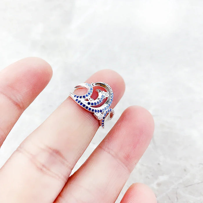 925 Sterling Silver Blue Stone Wave Cocktail Ring Real For Women