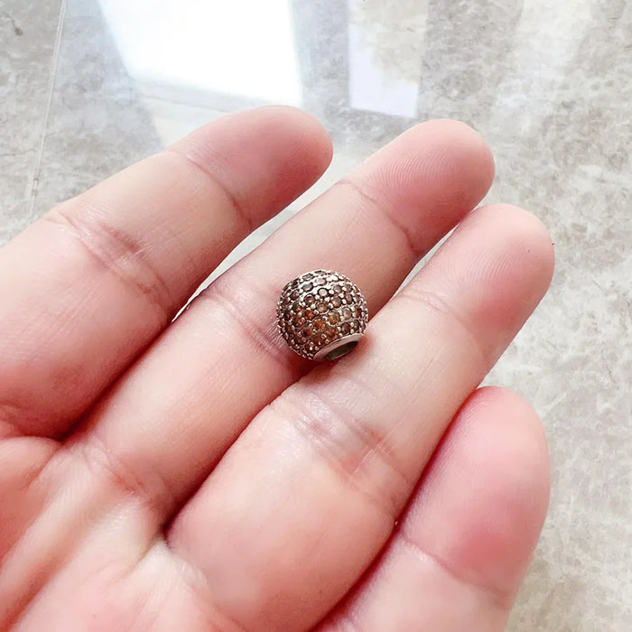925 Sterling Silver Champagne Zircon Pave Bead Charm For Women