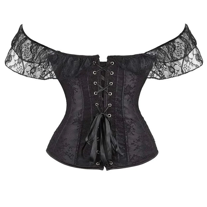 Floral Lace Corset With Off Shoulder Sleeves Plus Size S-6Xl Bow Tie Chest Biner Bustier Top In Black