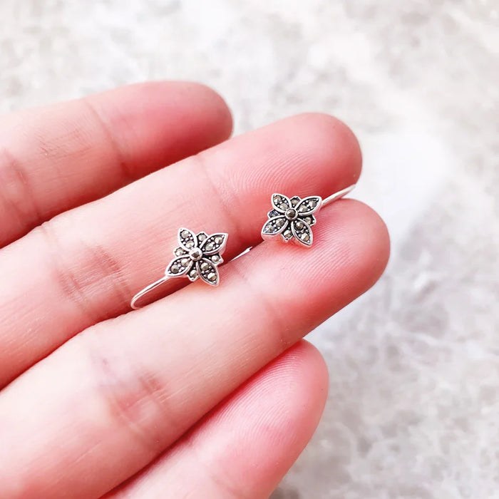 925 Sterling Silver Flower Star Drop Earrings Marcasite Zirconia For Women