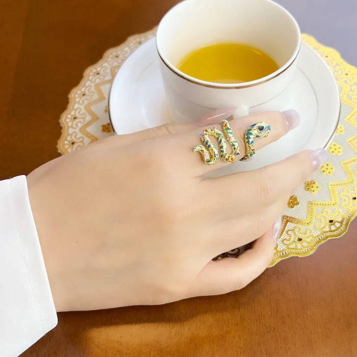 925 Sterling Silver Boho Golden Snake Ring Pave Design Women Jewelry