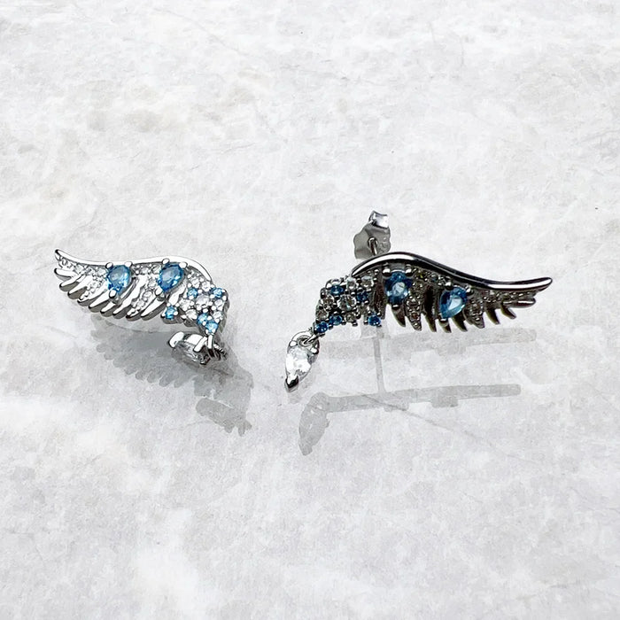 925 Sterling Silver Blue Stone Phoenix Wing Ear Studs