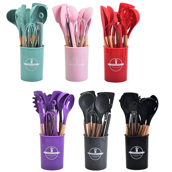 12 Piece Non Stick Silicone Kitchen Utensil Set With Wooden Handles