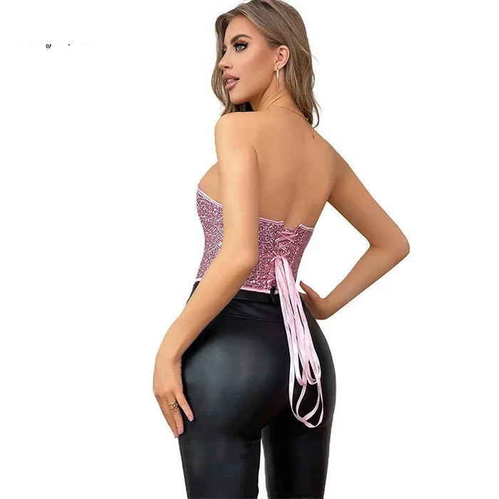 Sparkling Pink Back Lacing Bandage Strapless Corset Top Plus Size Underwear With Sequin Detailing
