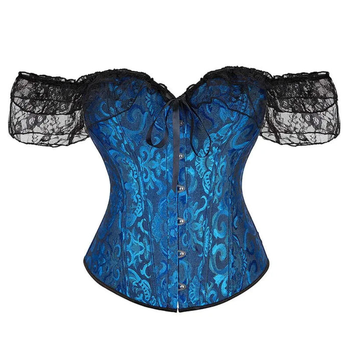 Brown Steampunk Corset With Front Busk Closure Floral Lace And Puff Sleeves