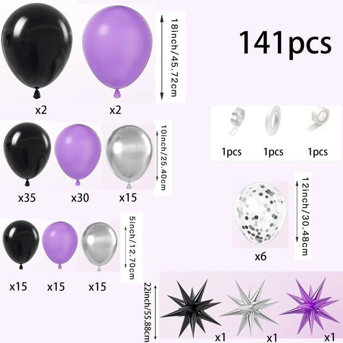 141Pcs Purple Black Silver Balloon Garland Arch Kit For Birthday Backgrounds Anniversaries Indoor And Outdoor Decorations