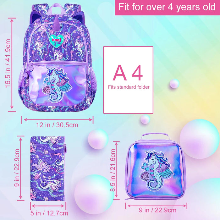 3 Piece Girls 16.5 Inch Seahorse Backpack Set For School
