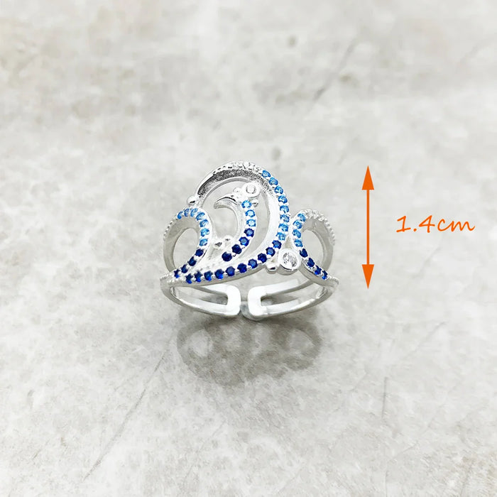 925 Sterling Silver Blue Stone Wave Cocktail Ring Real For Women