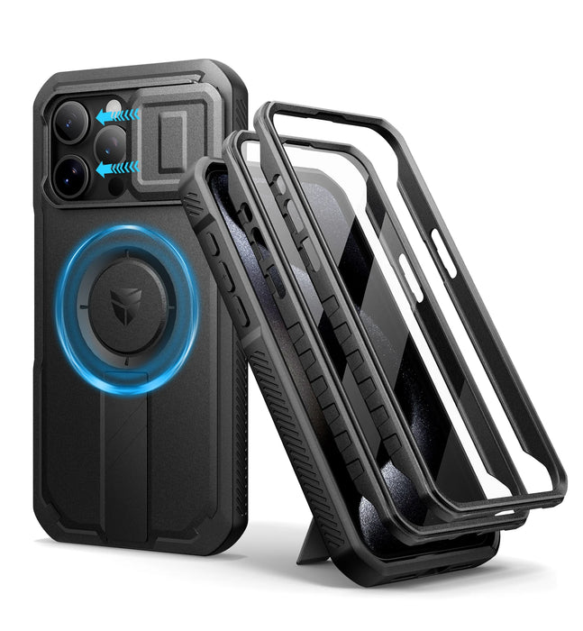 For Iphone 15 Pro Max Rugged Armor Shockproof Case With Built-In Sliding Camera Case And Built-In Screen Protector Kickstand