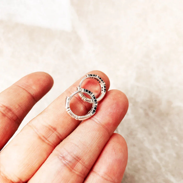 925 Sterling Silver Bamboo Black Creole Hinged Hoop Earrings Europe Glam Fine Jewelry For Women & Men