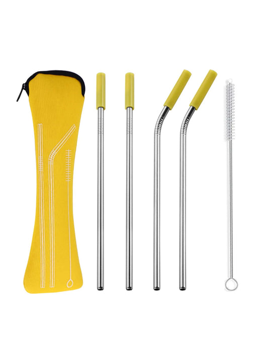 4 Piece Reusable Stainless Steel Straw Set With Cleaning Brush And Travel Bag