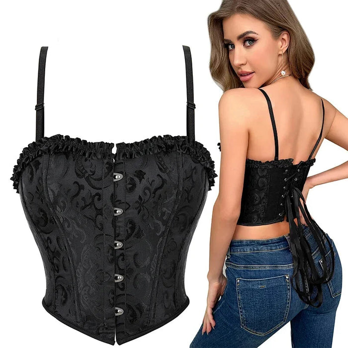 Victorian Ruffled Lace-Up Corset Crop Top Plus Size S-6Xl 12 Plastic Bones Strap