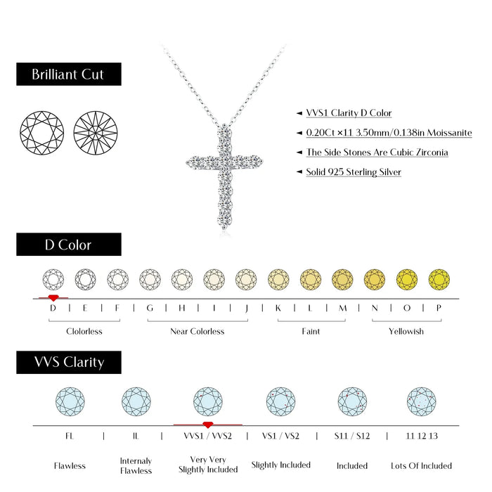 925 Sterling Silver Cross Pendant Necklace For Women With D Colour Moissanite