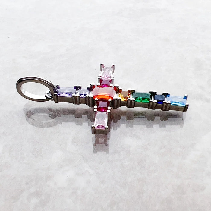 925 Sterling Silver Colourful Stone Cross Pendant Boho Jewelry For Women