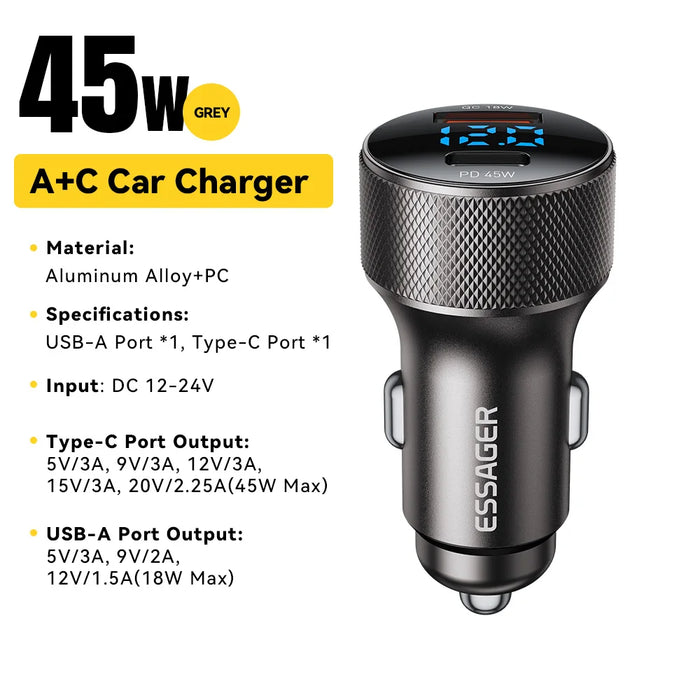 Usb C Car Charger 45W 2 Ports Pd3.0 Qc3.0 Digital Display Car Phone Charger For Iphone 16 15 Xiaomi Huawei Samsung Oppo
