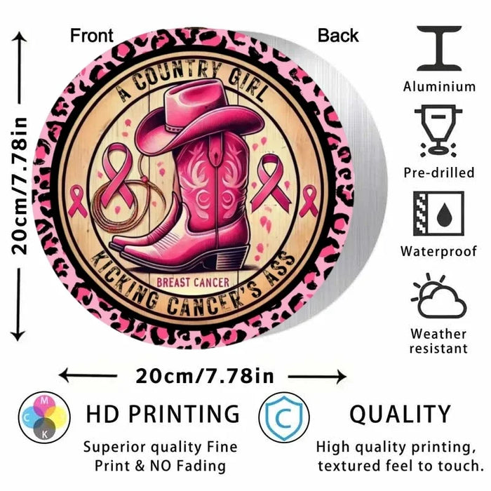 Breast Cancer Awareness Sign Country Girl Kickin' Cancer Pink Cowboy Boot & Hat