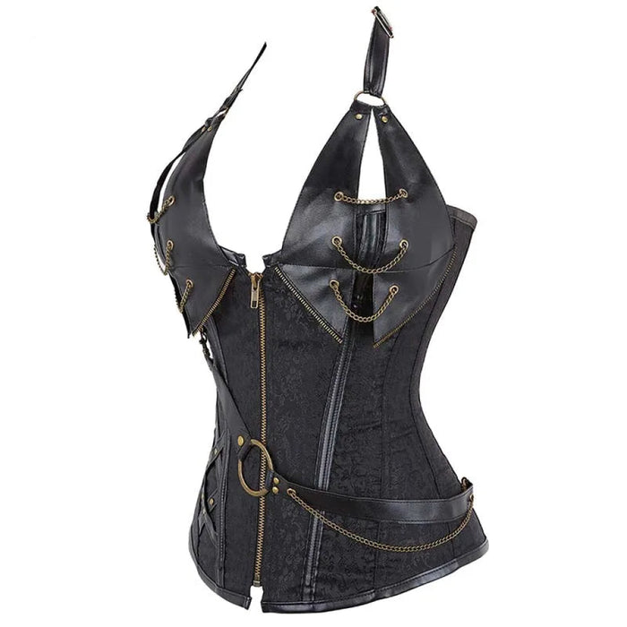 Deep V Halter Chest Binder Bustier Black Brown Steampunk Gothic Corset Plus Size With Zip
