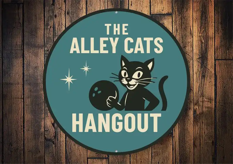 Cat-Themed Bowling Alley Sign Metal Decor