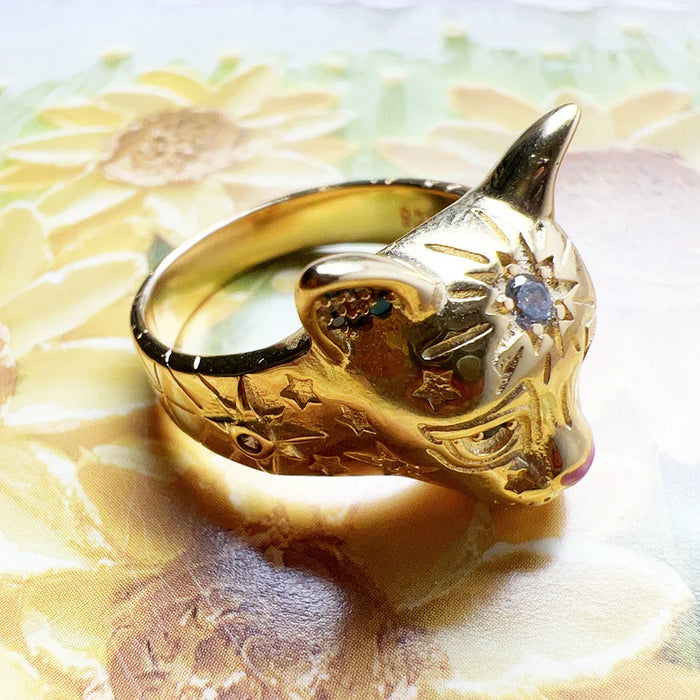 925 Sterling Silver Boho Cat Ring Gold Plated For Women