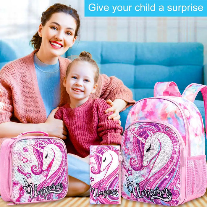 3 Piece Kids Backpack Set 16 Inch School Bag With Lunch Box Unicorn Dinosaur Design