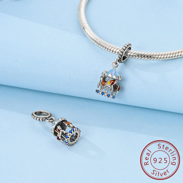 925 Sterling Silver Blue Carousel Pendant Charm Fits Necklace Or Bracelet Diy Gift For Women