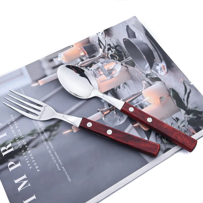 24 Piece Stainless Steel Cutlery Set With Wood Handles