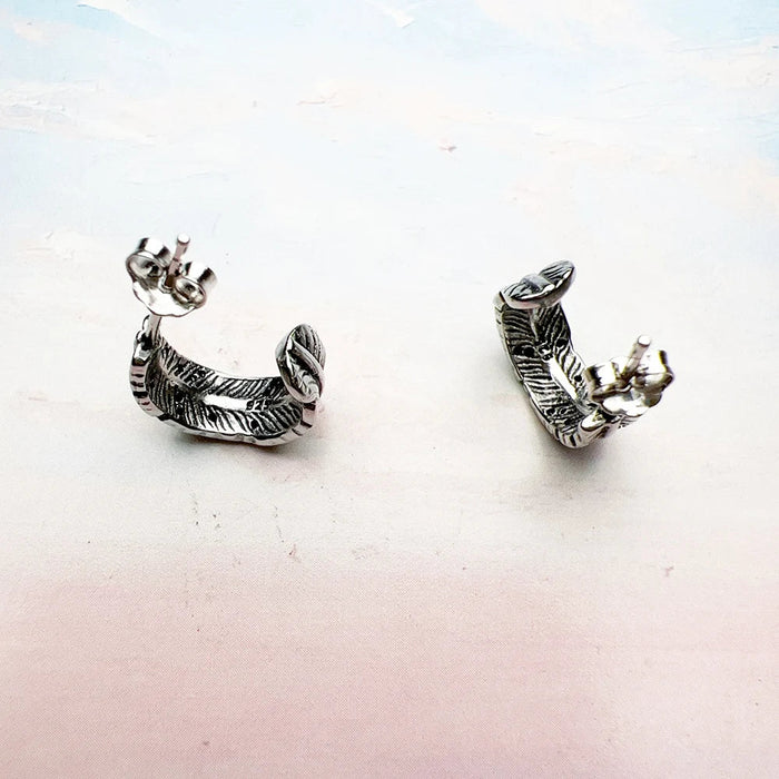 925 Sterling Silver Vintage Feather Hinged Hoop Earrings