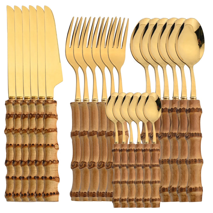 24 Piece Bamboo Handle Stainless Steel Flatware Set