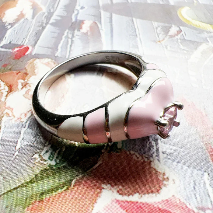 925 Sterling Silver Romantic Gift Pink Heart Ring With Real Fine Jewelry For Women
