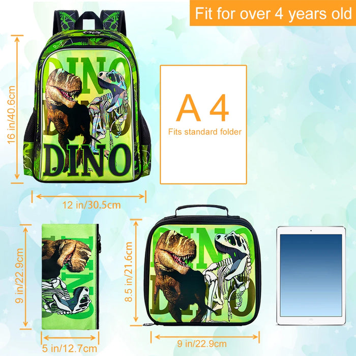 3 Piece Dinosaur Backpack Set For Boys 16 Inch Water Resistant Preschool Bookbag