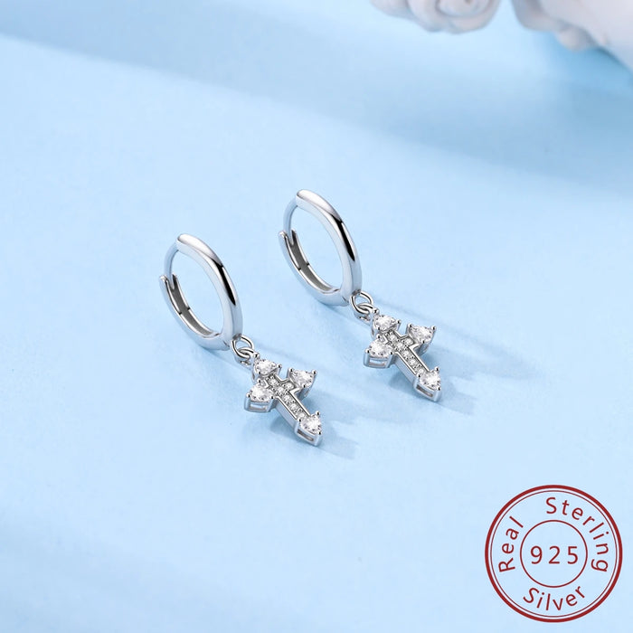 925 Sterling Silver Cross Hoop Earrings For Women Sparkling And Elegant