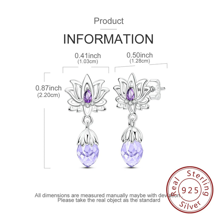 925 Sterling Silver Purple Lotus Stud Earrings Zircon For Women Fine Jewelry