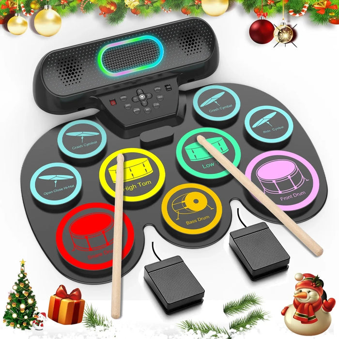 Portable Electronic Drum Set For Kids & Adults 9 Pads Dual Speakers Headset Jack Drumsticks Foot Pedals