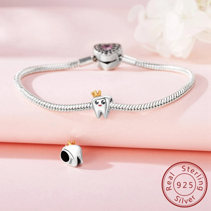 925 Sterling Silver Crown Tooth Charm For Women Bracelet Diy Gift