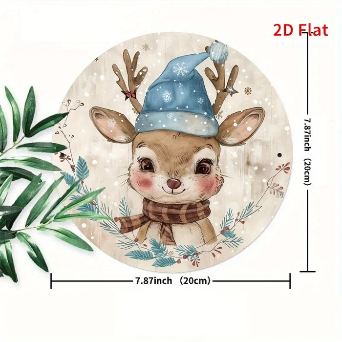 Round Holiday Metal Sign With Cute Deer Design 7.8X7.8 Inches