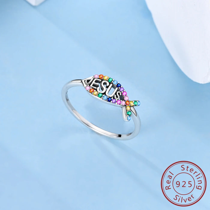 925 Sterling Silver Jesus & Fish Ring Coloured Zirconium Luxury Bands For Women Party Anniversary Wedding Gift