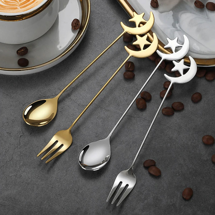 4 / 8 Piece Stainless Steel Star Moon Spoon & Fork Set For Coffee & Dessert