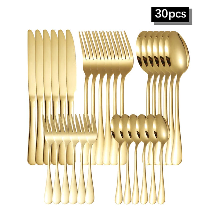6 / 30 Piece Golden Stainless Steel Tableware Set For Hotels